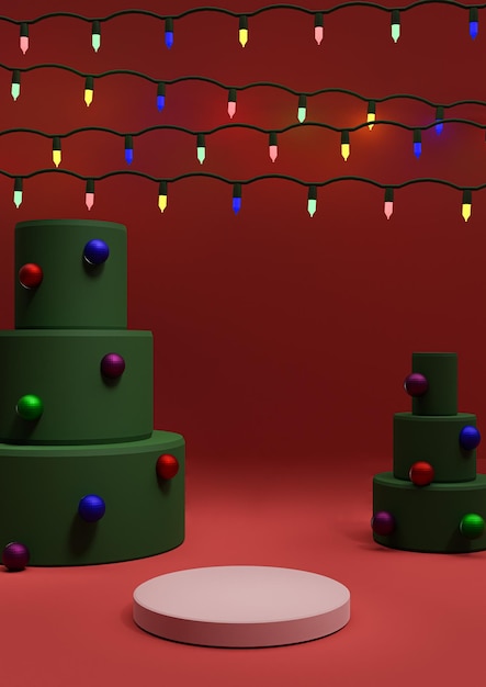 rote 3D-Minimalproduktanzeige mit bunten Lichtern und stilisiertem geometrischem Weihnachtsbaum