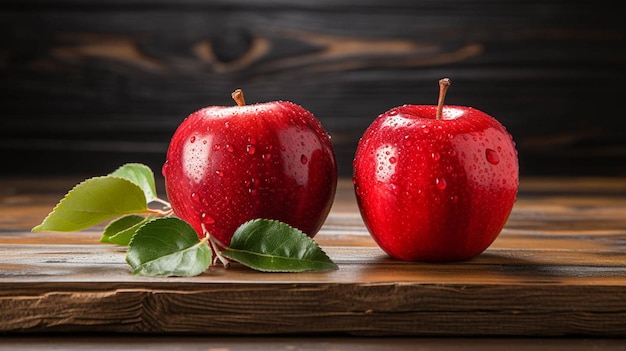 Foto rote äpfel mit wassertropfen auf einem holztisch