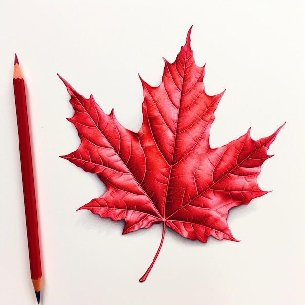 Rote Ahornblatt-Bleistiftzeichnung auf weißem Papier