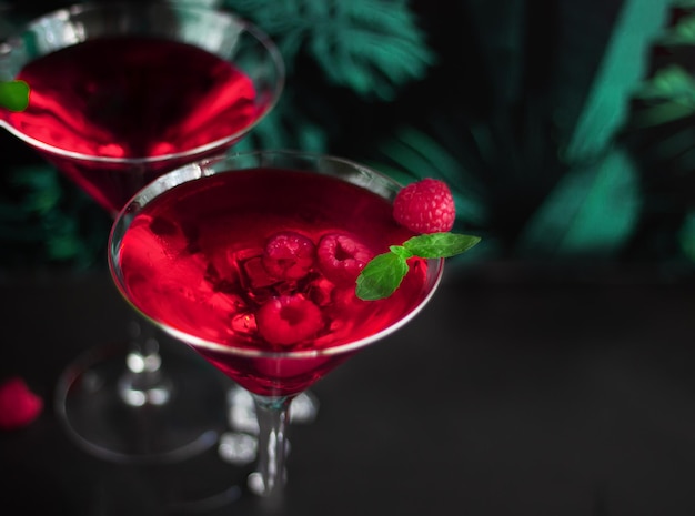 Rote Alkohol-Himbeer-Cocktails in Martini-Glas auf tropischem Hintergrund Selektiver Fokus