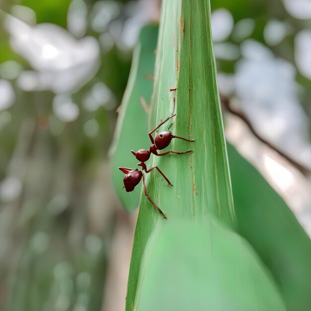 Rote Ameisen im grünen Laub auf Blatt im Garten