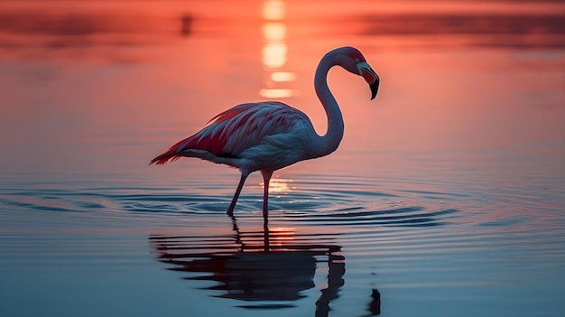 Rote amerikanische Flamingovögel im Wasser und spiegelnder Abendsonnenuntergang