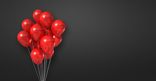 Foto rote ballone bündeln auf einem schwarzen wandhintergrund. horizontales banner. 3d-darstellung rendern