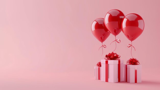 Rote Ballons und Geschenke auf rosa Hintergrund
