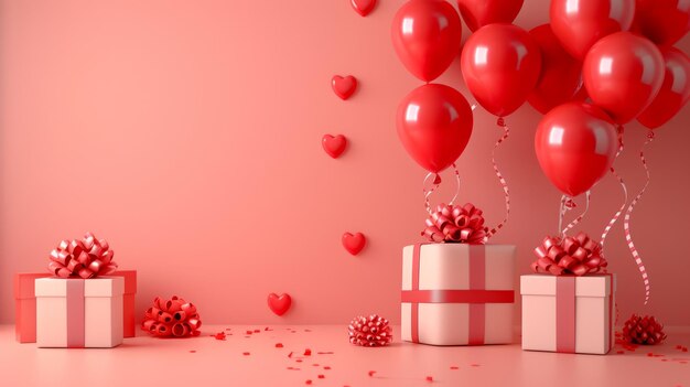 Foto rote ballons und geschenke auf rosa hintergrund