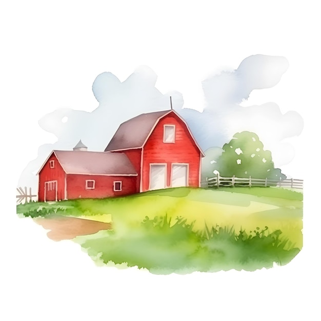 Rote Bauernhaus-Scheune, Aquarell-Illustration, Landschaft, weißer, isolierter Hintergrund