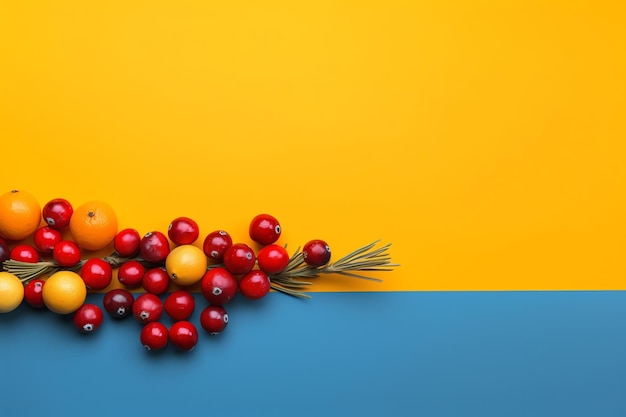 Rote Beeren auf gelbem und blauem Hintergrund