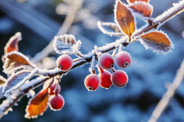 Rote Beeren, die mit Frost bedeckt sind, in der Wintermorgenlandschaft Generative Ai