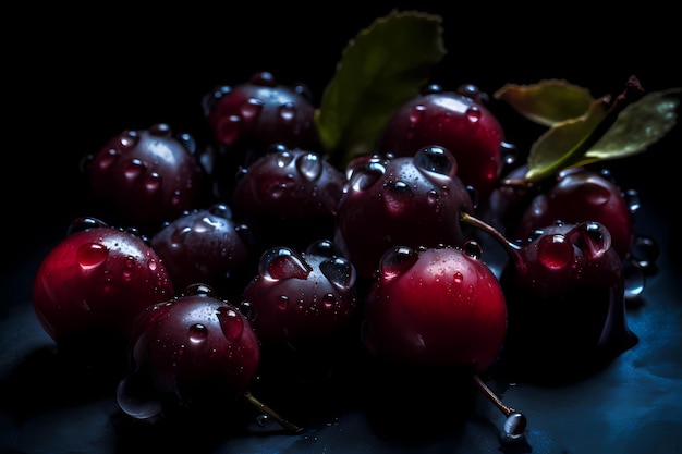 Rote Beeren mit grünen Blättern auf schwarzem Hintergrund