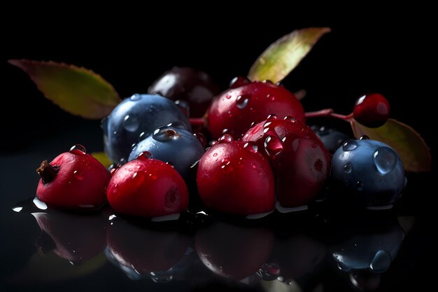 Rote Beeren mit grünen Blättern auf schwarzem Hintergrund