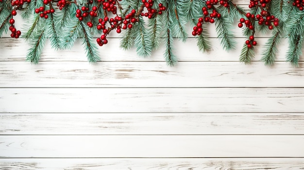 Foto rote beeren und tannenzweige schmücken einen hölzernen hintergrund für den weihnachtlichen winterrahmen