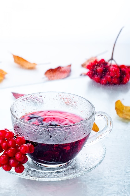 Rote Beeren Viburnum und Tasse Tee