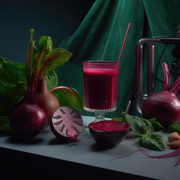 Rote-Bete-Saft mit Spritzern mit Rote-Bete-Früchten im Studio-Hintergrundrestaurant mit Garten