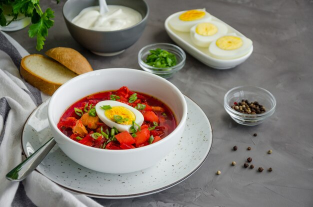 Rote-Bete-Suppe mit Gemüse, gekochtem Ei und saurer Sahne