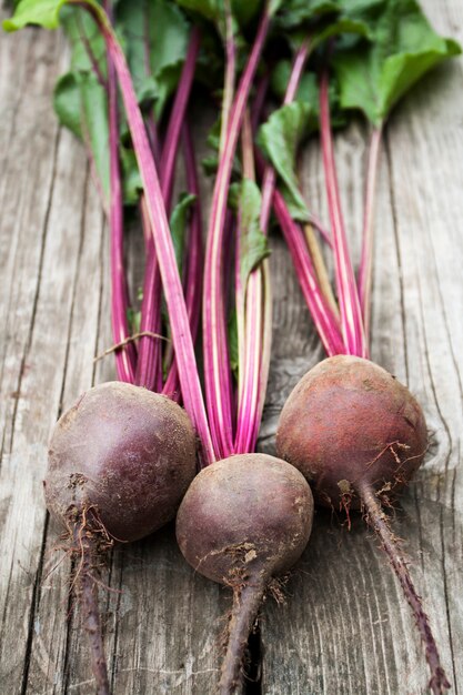 Rote-Bete-Wurzeln auf Holzoberfläche