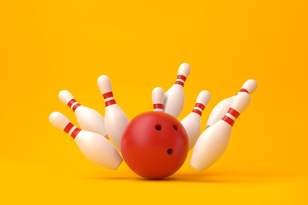 Rote Bowlingkugel und verstreute weiße Kegel isoliert auf gelbem Hintergrund 3D-Darstellung