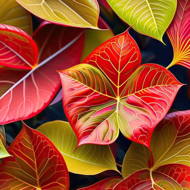 Rote Caladium-Blätter mit Muster aus tropischem Laubpflanzenstrauch mit ausgefallenen bunten Blättern