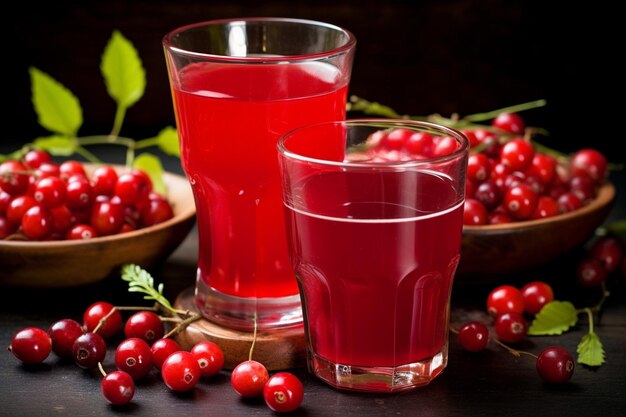 Foto rote cornelbeeren in einem glasbecher mit saft beiseite