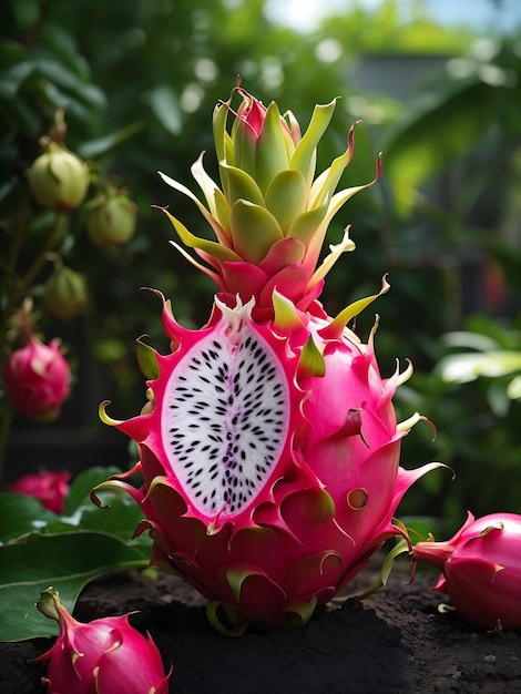 Rote Drachenfrucht auf der Pflanze