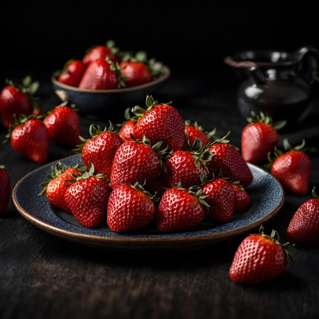 Rote Erdbeeren auf Teller mit dunklem Hintergrund