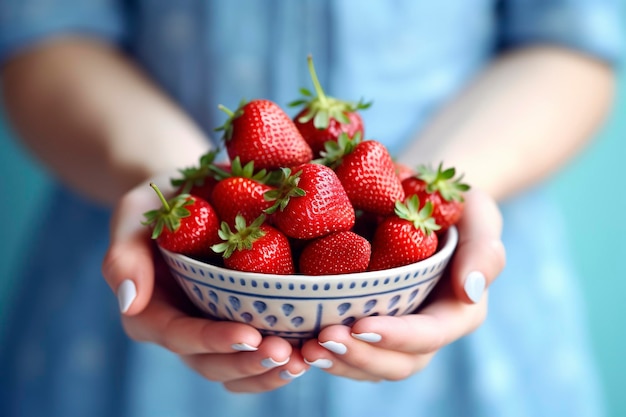 Rote Erdbeeren sind antioxidativ und reich an Vitaminen, die von den Händen einer Frau erzeugt werden