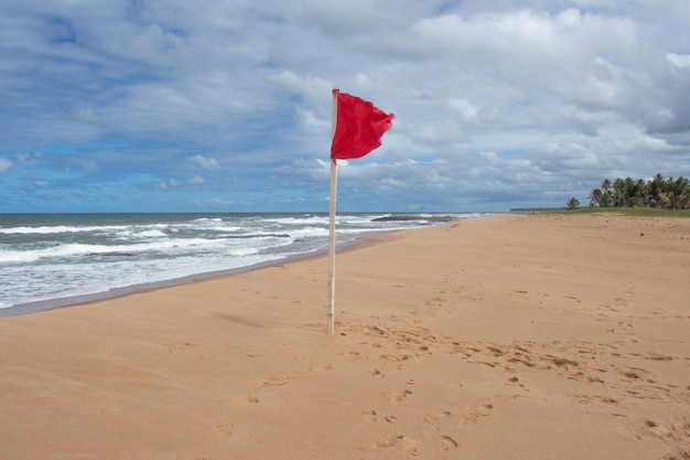 Rote Fahne am schönen leeren Strand voller Kokospalmen an einem bewölkten Tag