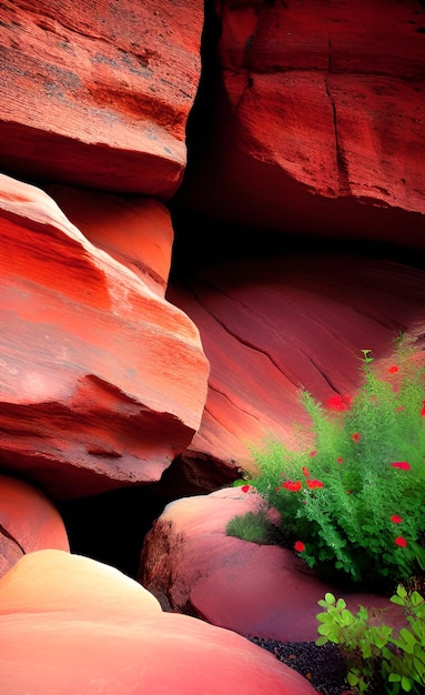 Rote Felsen und Blumen in der Schlucht