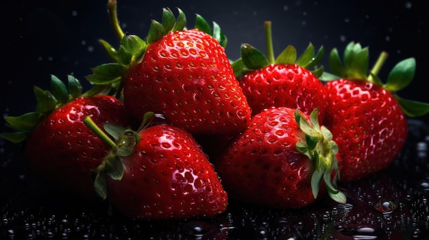 Rote frische Erdbeeren mit Wassertropfen auf dunklem Hintergrund