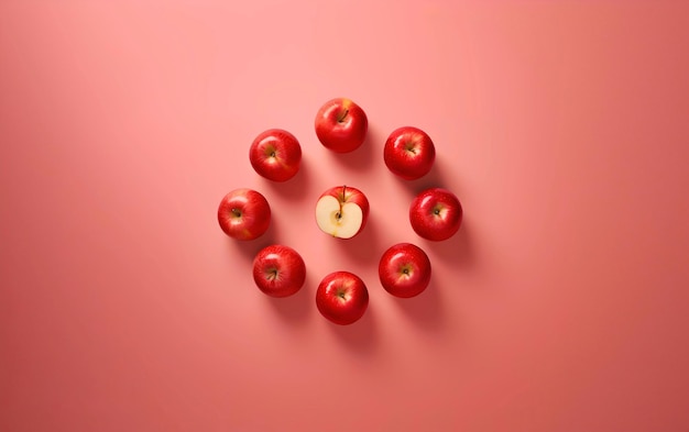 Rote, frische und schmackhafte, saftige Äpfel, die in einem Kreis auf einem rosa Hintergrund angeordnet sind