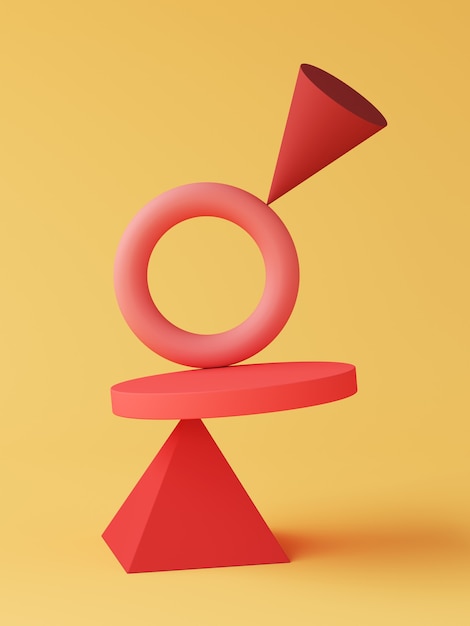 Rote geometrische Objekte werden oben auf gelbem Hintergrund platziert. abstrakter Hintergrund. 3D-Rendering