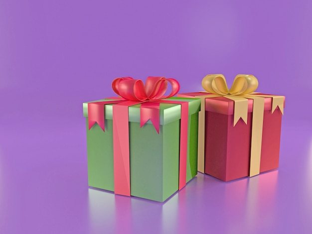 Rote Geschenkbox 3d Rot gebunden mit einem Goldbandbogen auf purpurrotem Hintergrund