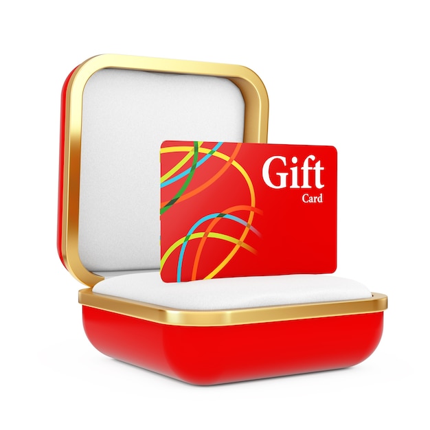 Rote Geschenkkarte in der roten Geschenkbox auf weißem Hintergrund. 3D-Rendering