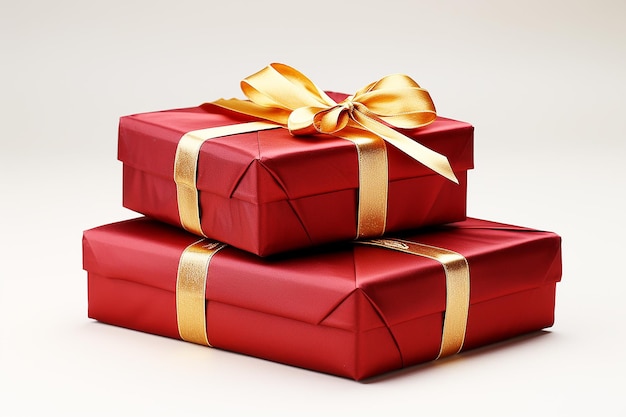 rote Geschenkkisten mit goldenem Band und Bogen auf weißem Hintergrund