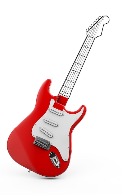 Rote Gitarre 3D-Rendering auf weißem Hintergrund, Stück Gitarre gemalt