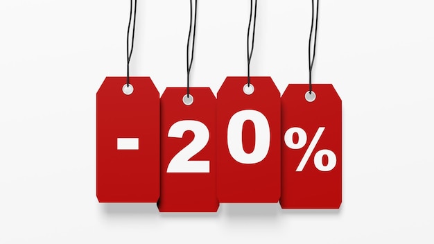 Rote hängende Verkaufsmarken mit zwanzig Prozent Rabatt isoliert auf weißem Hintergrund