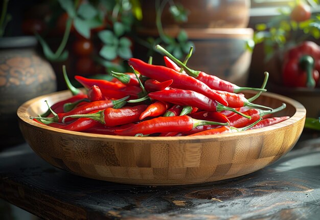 Rote heiße Chilischoten in einer Holzschüssel