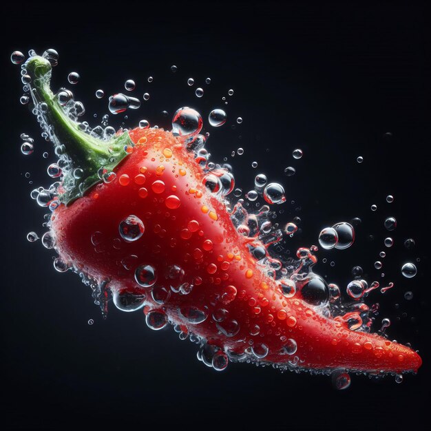 Rote heiße Chilischoten mit Wasserspritz auf dunklem Hintergrund 3D-Rendering