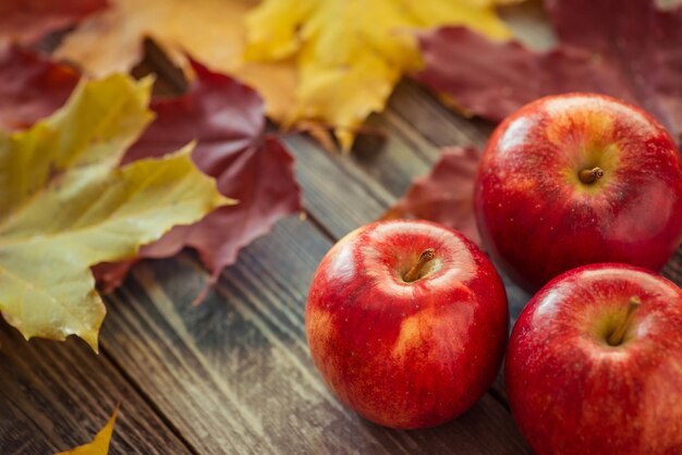 Rote Herbstäpfel mit Ahornblättern auf Holztisch