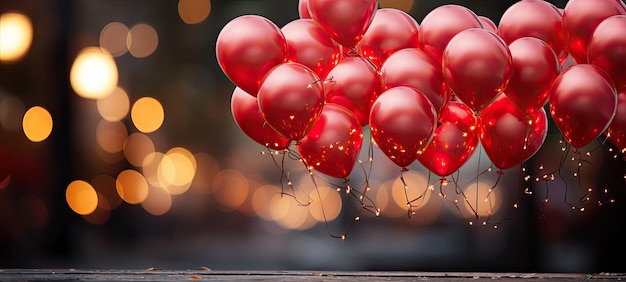 Rote Herzballons zum Valentinstag einzeln gebunden auf verschwommenem Hintergrund mit Bokeh-Lichtern