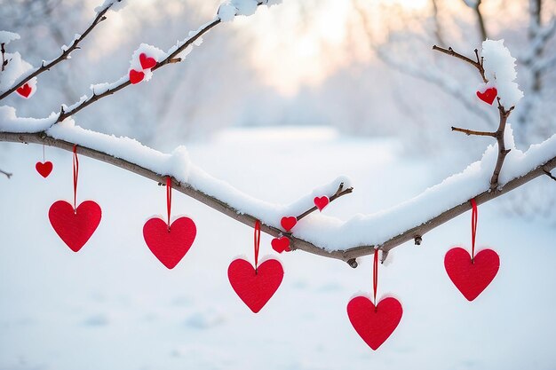 Rote Herzen auf schneebedeckten Baumzweigen im Winter Feiertage glücklicher Valentinstag Feier Herz Liebeskonzept