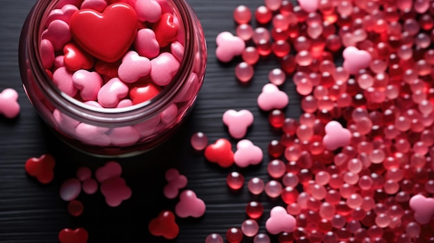 Rote Herzen in einem Glasgefäß auf schwarzem Holzgrund Valentinstagskonzept