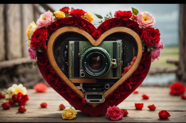 rote Herzform und rote Rose auf hölzernem Hintergrund Vintage-Stil Liebe und Valentinstag Konzept.