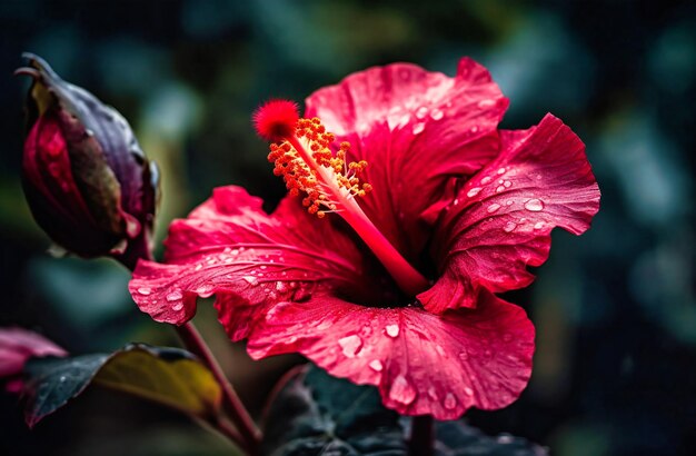 Rote Hibiskusblüte mit Samenkapseln im Hintergrund