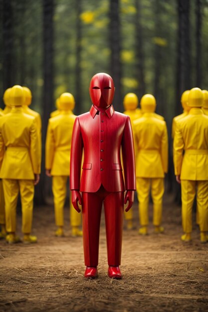 Rote Holzfigur, die in einer holzgelben Teamgruppe steht