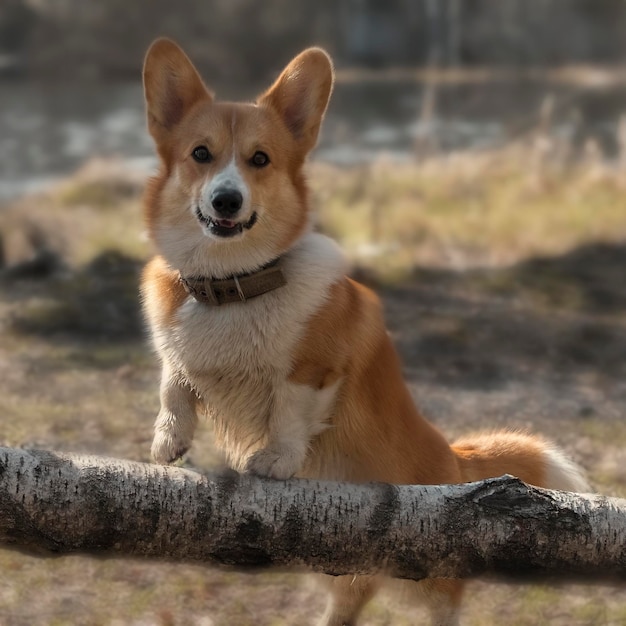 Rote Hunderasse Welsh Corgi Pembroke auf einem Waldsee für einen Spaziergang im Frühjahr