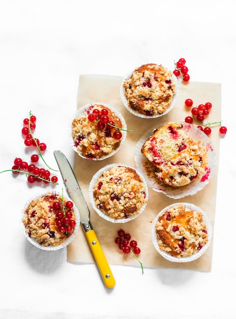 Rote Johannisbeer-Vanille-Mini-Haferflocken-Kuchen mit Zuckerkrümeln auf einer hellen Hintergrund-Draufsicht