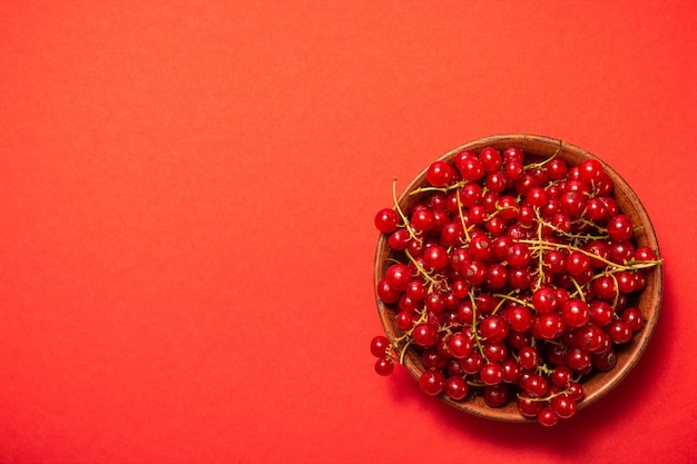 Rote Johannisbeere in Tonschale auf rotem Hintergrund Obstschale Köstliches Essen Kopierbereich Hohe Qualität