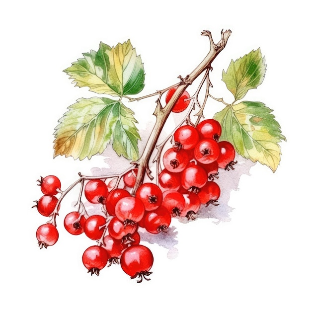 Rote Johannisbeeren im Aquarellstil mit Tintenumriss auf weißem Hintergrund, generative KI