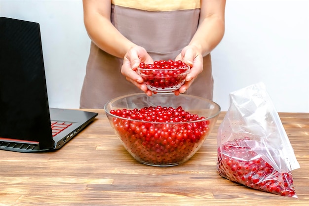 Rote Johannisbeeren in der Schüssel Vorbereitung für die Herstellung von Marmelade im Glas in der KücheSchälen von FrüchtenNatürlichgesunde Beere