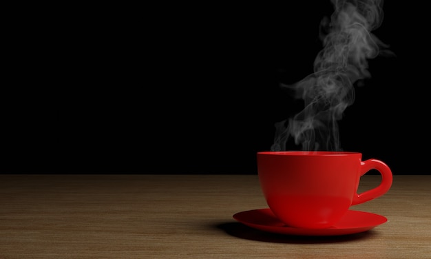 Rote Kaffeetasse mit Rauch auf dunklem schwarzem Hintergrundholz